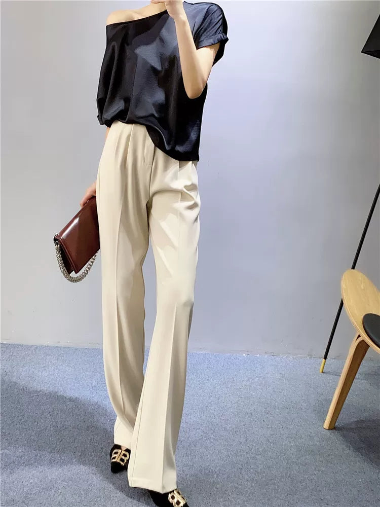 Women's Spring Summer Straight White Workwear High-waist Oversized Slim-fit Casual Wide-leg Pants for Office Outfits Business Travel Comfort Slimming Weekend