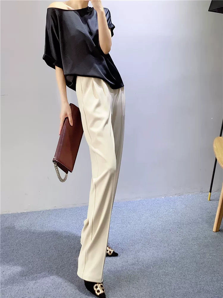 Women's Spring Summer Straight White Workwear High-waist Oversized Slim-fit Casual Wide-leg Pants for Office Outfits Business Travel Comfort Slimming Weekend