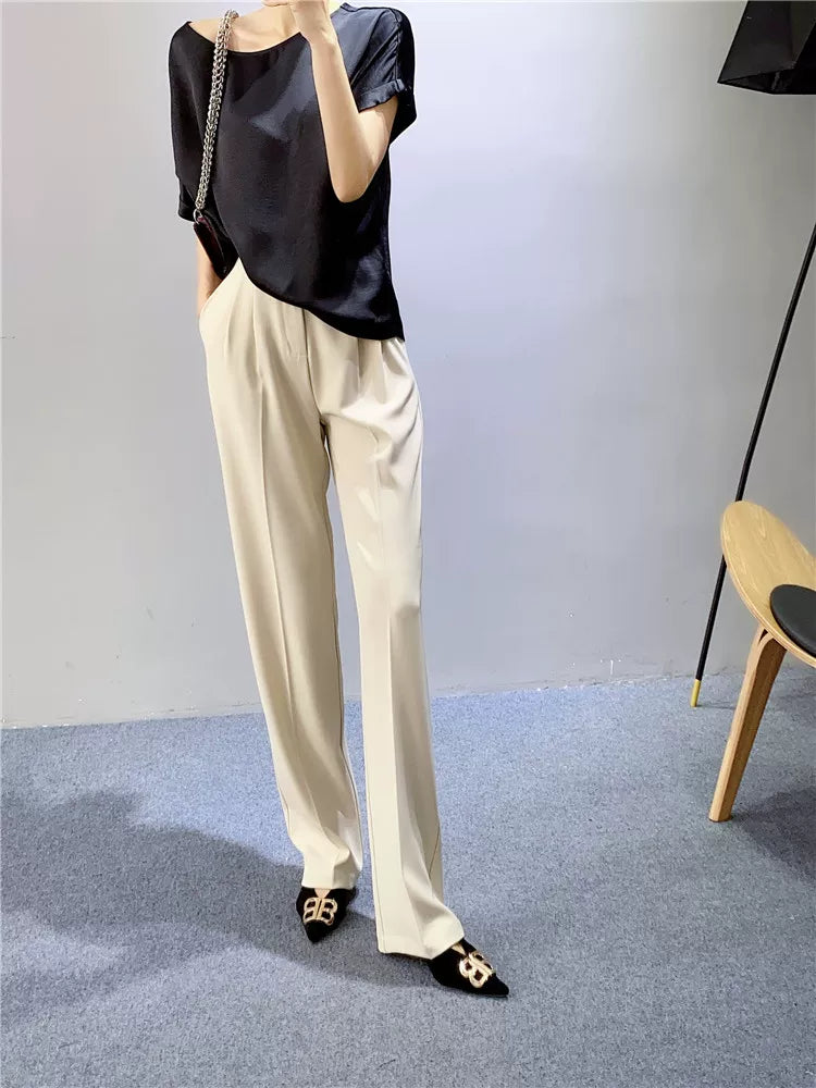 Women's Spring Summer Straight White Workwear High-waist Oversized Slim-fit Casual Wide-leg Pants for Office Outfits Business Travel Comfort Slimming Weekend