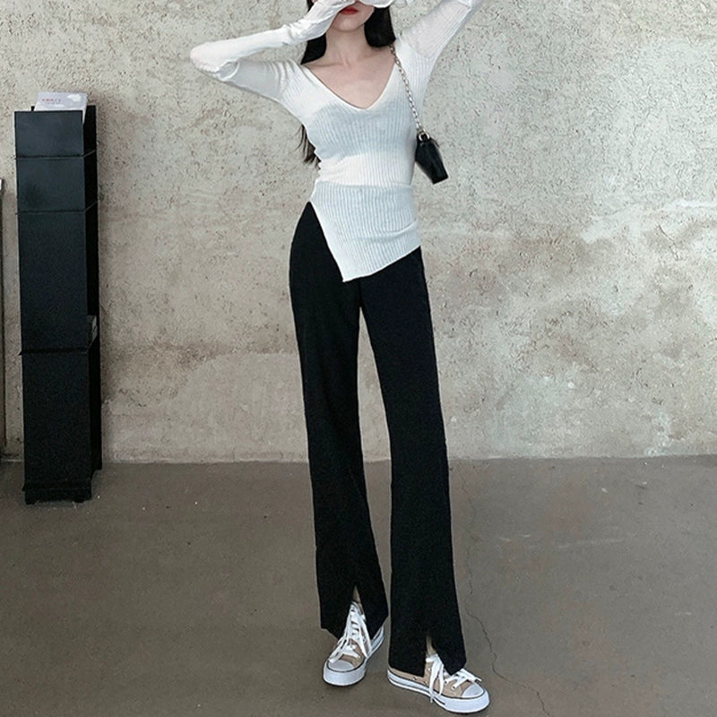Women's Black Slit Plus Size Wide-Leg Pants for Office Outfits Business Casual Work Travel Comfort Weekend