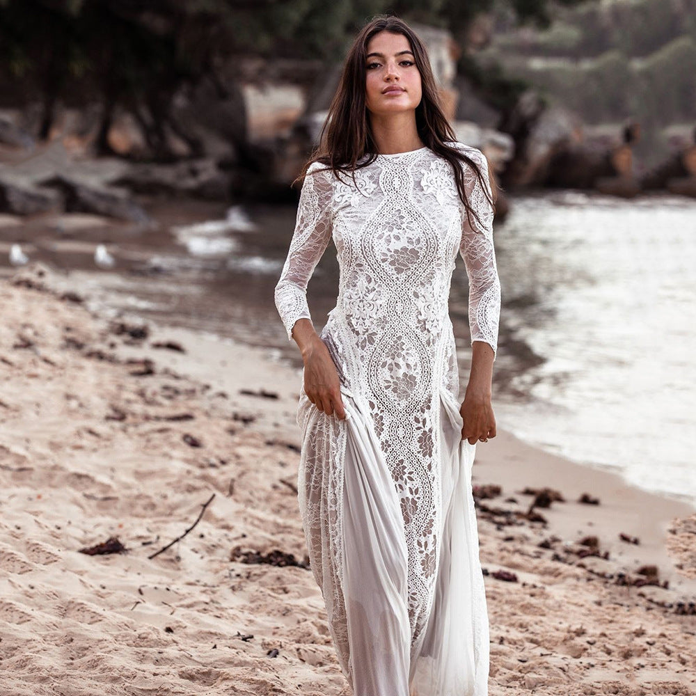 Women's Lace Open-Back Long Sleeve Party Evening Dress Formal Midi Dress for Black Tie Wedding Guest Cocktail Prom Date Night