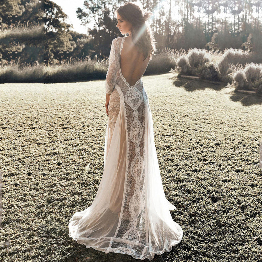 Women's Lace Open-Back Long Sleeve Party Evening Dress Formal Midi Dress for Black Tie Wedding Guest Cocktail Prom Date Night