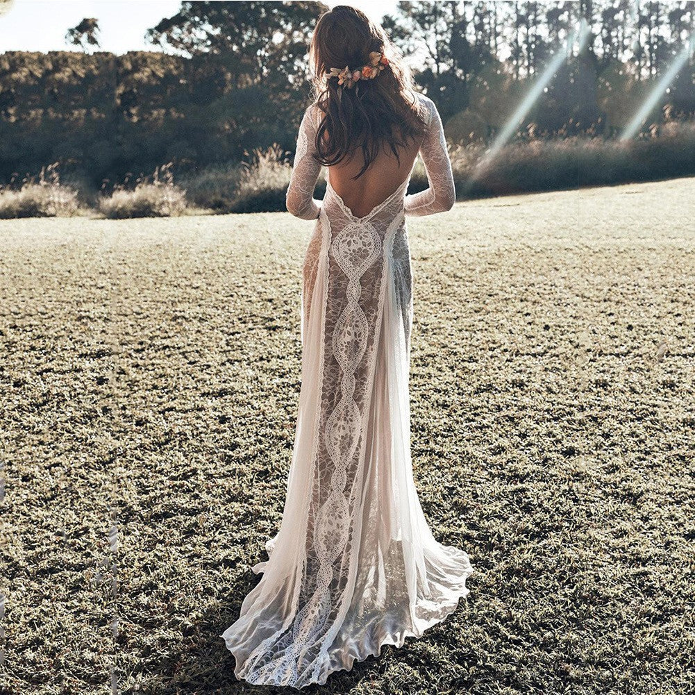 Women's Lace Open-Back Long Sleeve Party Evening Dress Formal Midi Dress for Black Tie Wedding Guest Cocktail Prom Date Night