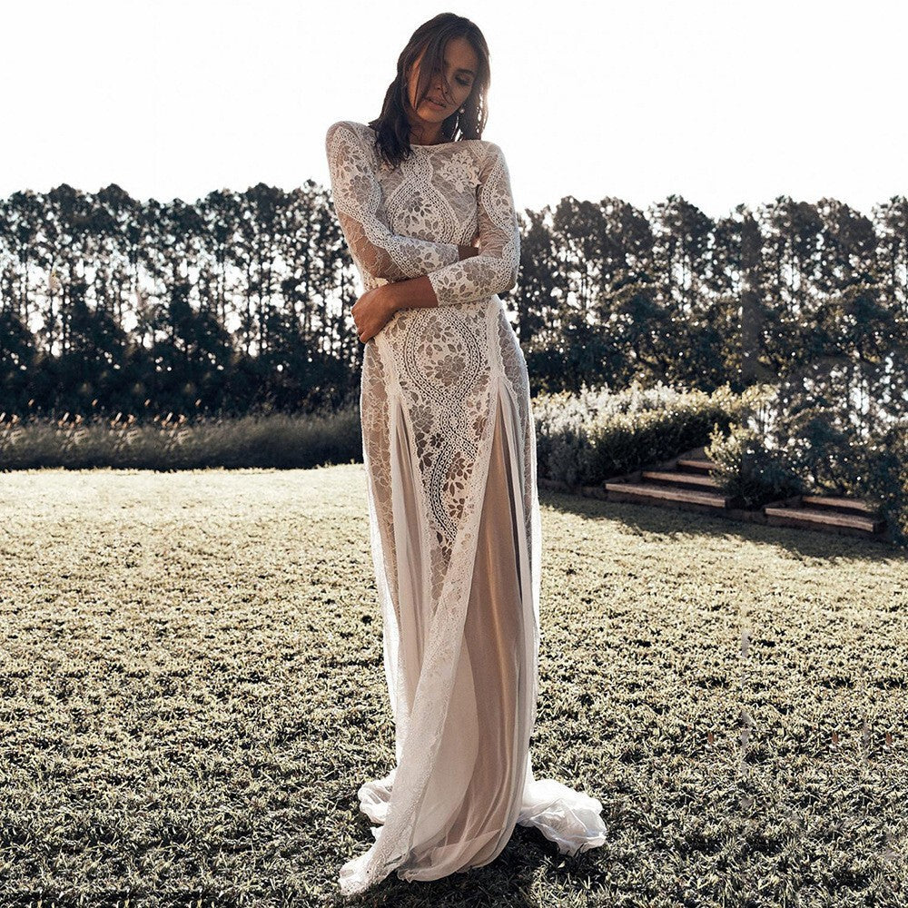 Women's Lace Open-Back Long Sleeve Party Evening Dress Formal Midi Dress for Black Tie Wedding Guest Cocktail Prom Date Night