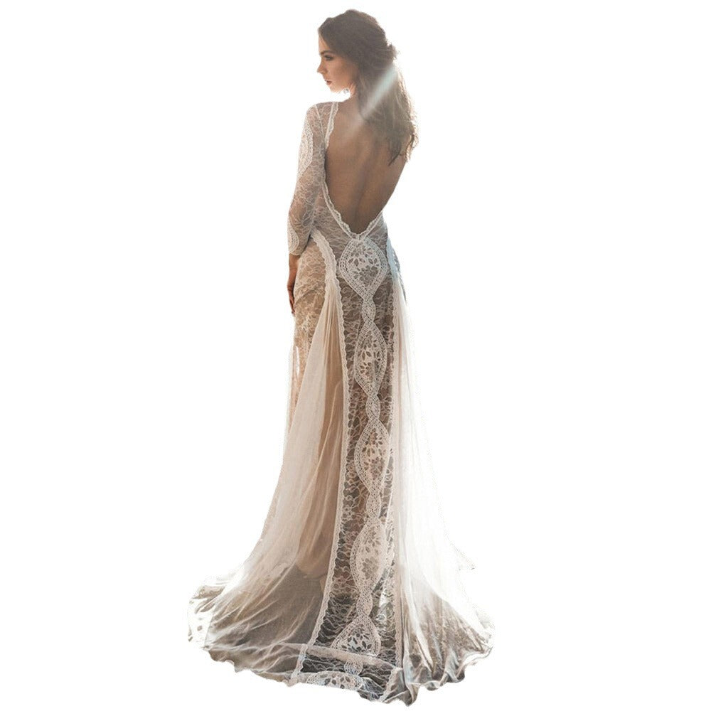 Women's Lace Open-Back Long Sleeve Party Evening Dress Formal Midi Dress for Black Tie Wedding Guest Cocktail Prom Date Night