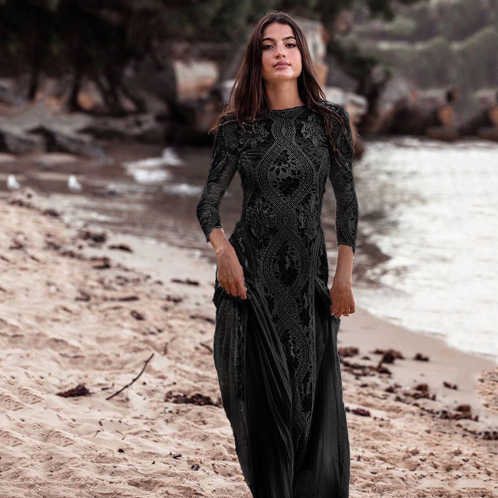 Women's Lace Open-Back Long Sleeve Party Evening Dress Formal Midi Dress for Black Tie Wedding Guest Cocktail Prom Date Night