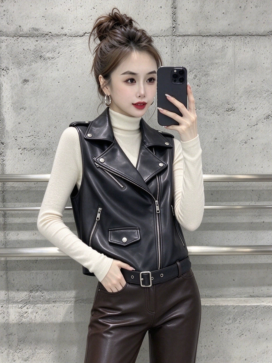 Women's Fall Winter Vest Slim-Waist Black Leather Cropped Zip for Date Night Holiday Party