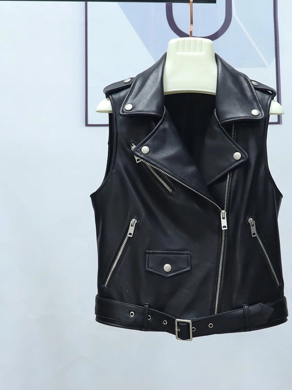 Women's Fall Winter Vest Slim-Waist Black Leather Cropped Zip for Date Night Holiday Party