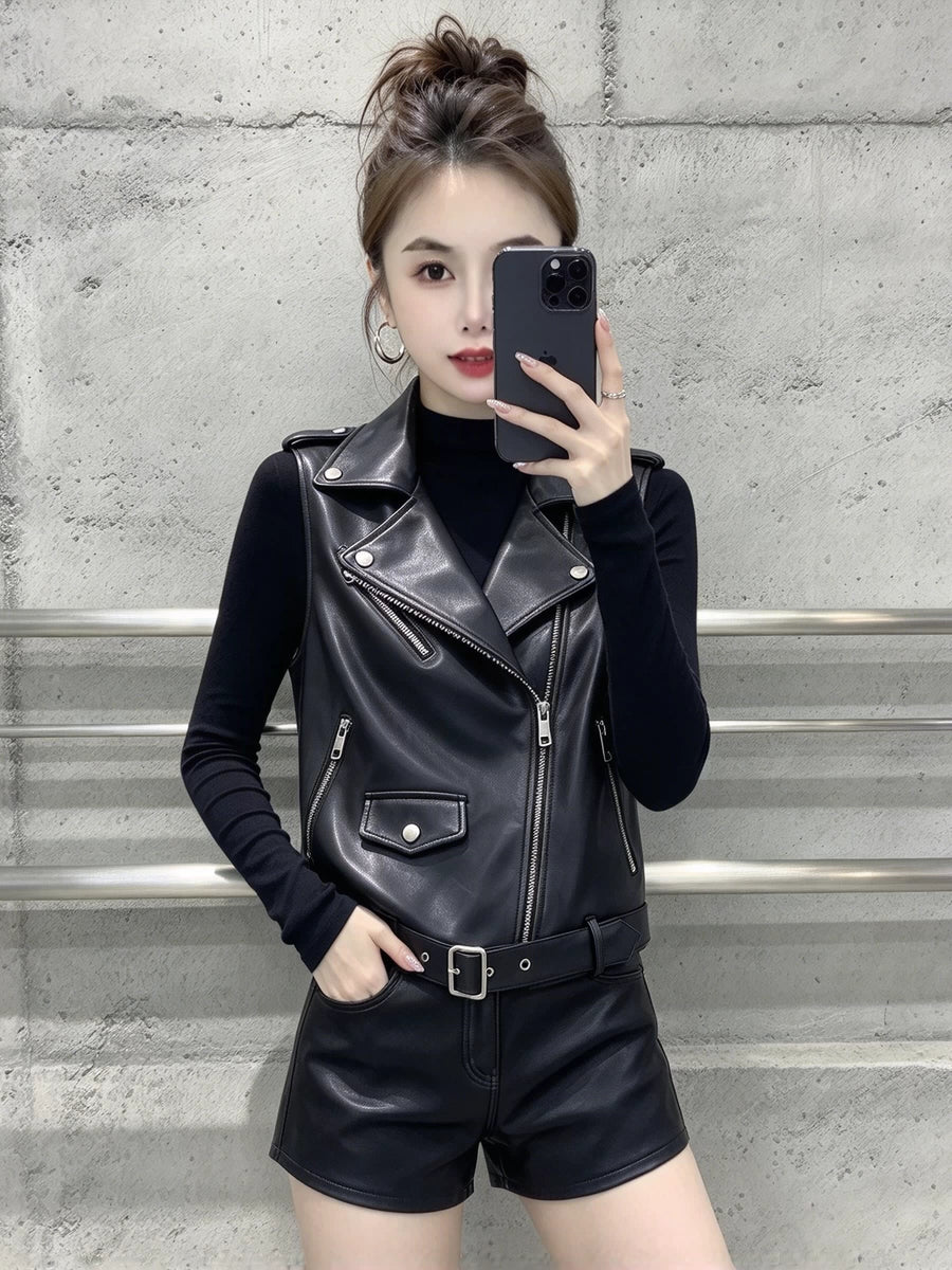 Women's Fall Winter Vest Slim-Waist Black Leather Cropped Zip for Date Night Holiday Party