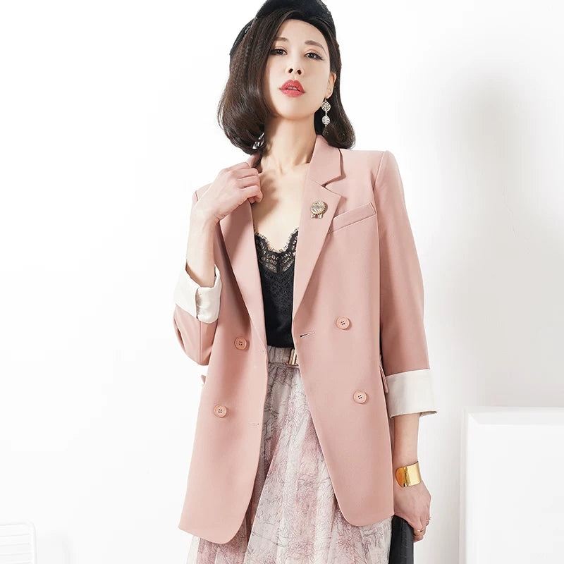 Women's Double-Breasted Oversized Blazer Office Workwear Jacket Interview Suit Set