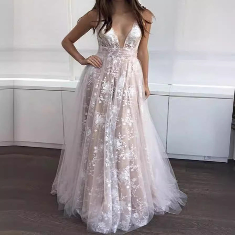 Women's Summer Lace Open-Back Maxi Breathable Mesh Evening Dress Formal Midi Dress for Black Tie Wedding Guest Cocktail Party Prom Spring Summer