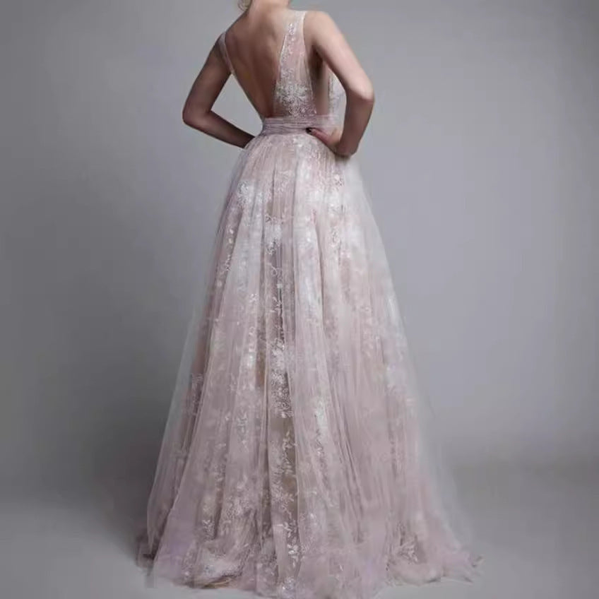Women's Summer Lace Open-Back Maxi Breathable Mesh Evening Dress Formal Midi Dress for Black Tie Wedding Guest Cocktail Party Prom Spring Summer