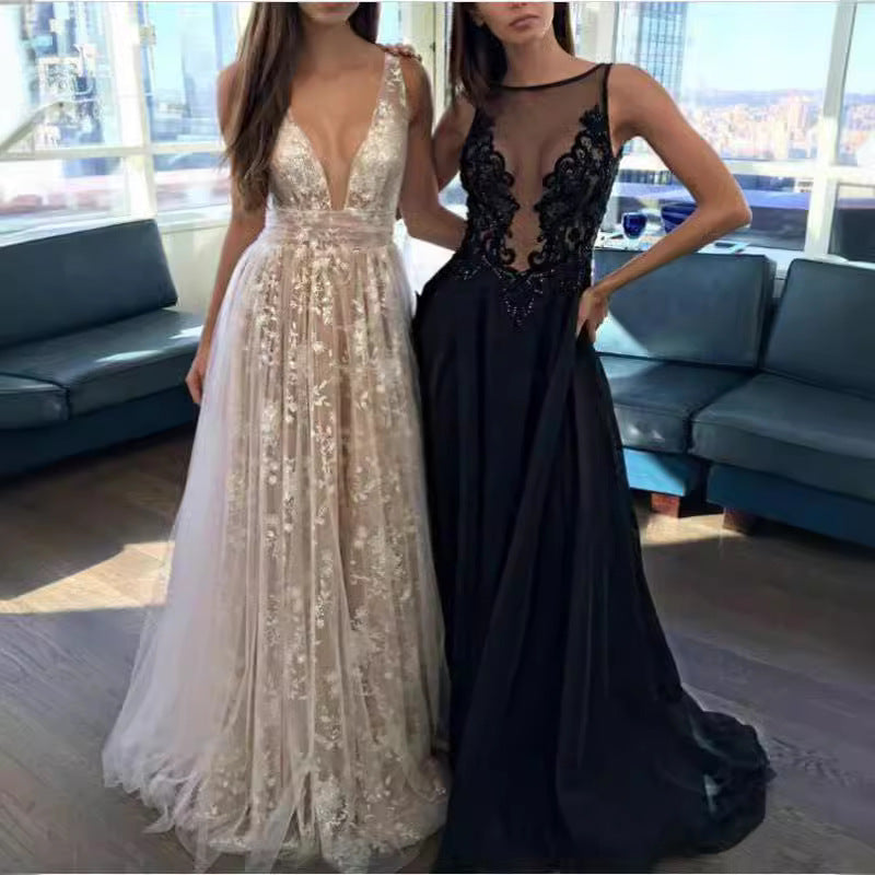 Women's Summer Lace Open-Back Maxi Breathable Mesh Evening Dress Formal Midi Dress for Black Tie Wedding Guest Cocktail Party Prom Spring Summer