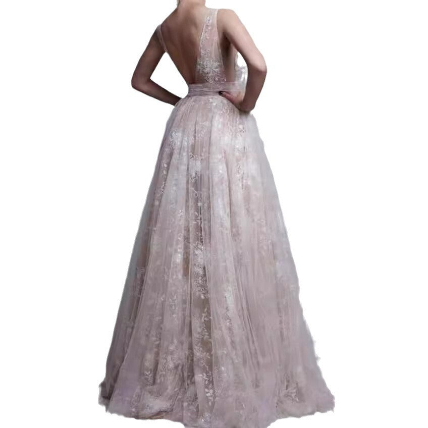 Women's Summer Lace Open-Back Maxi Breathable Mesh Evening Dress Formal Midi Dress for Black Tie Wedding Guest Cocktail Party Prom Spring Summer
