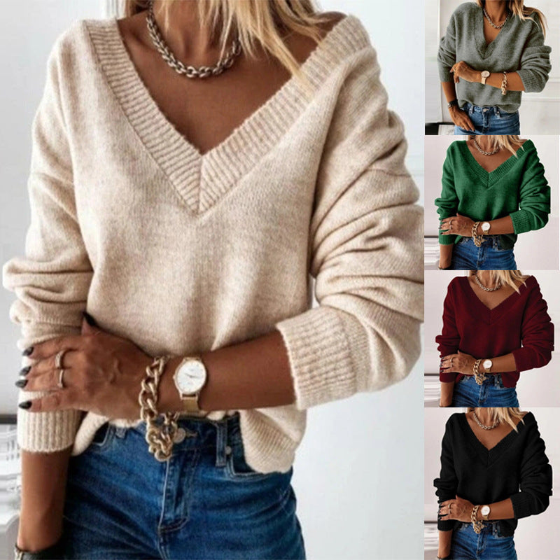 Women's Knit V-Neck Fall Winter Oversized Long Sleeve Clothing Top Outfit Weekend
