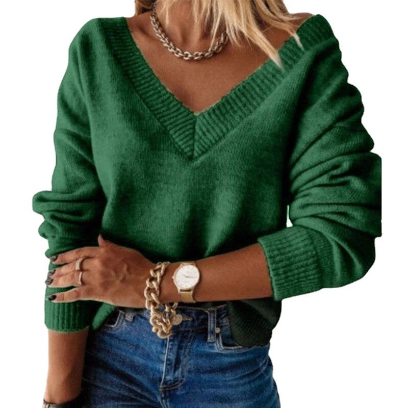 Women's Knit V-Neck Fall Winter Oversized Long Sleeve Clothing Top Outfit Weekend