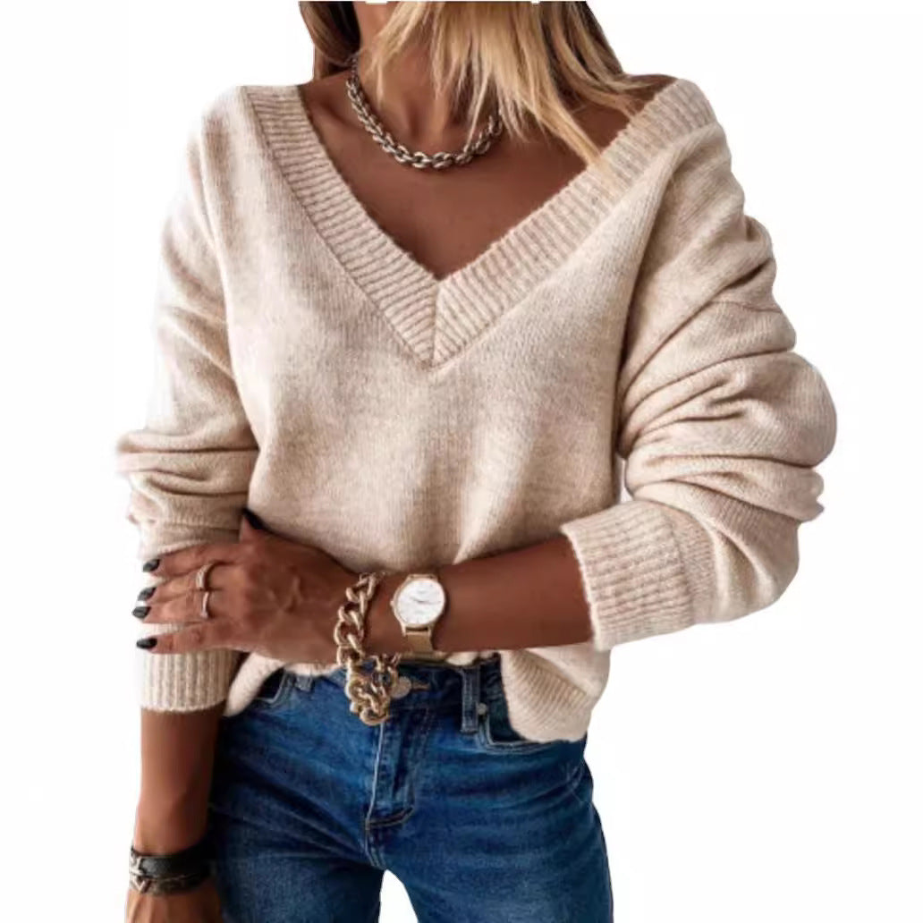 Women's Knit V-Neck Fall Winter Oversized Long Sleeve Clothing Top Outfit Weekend