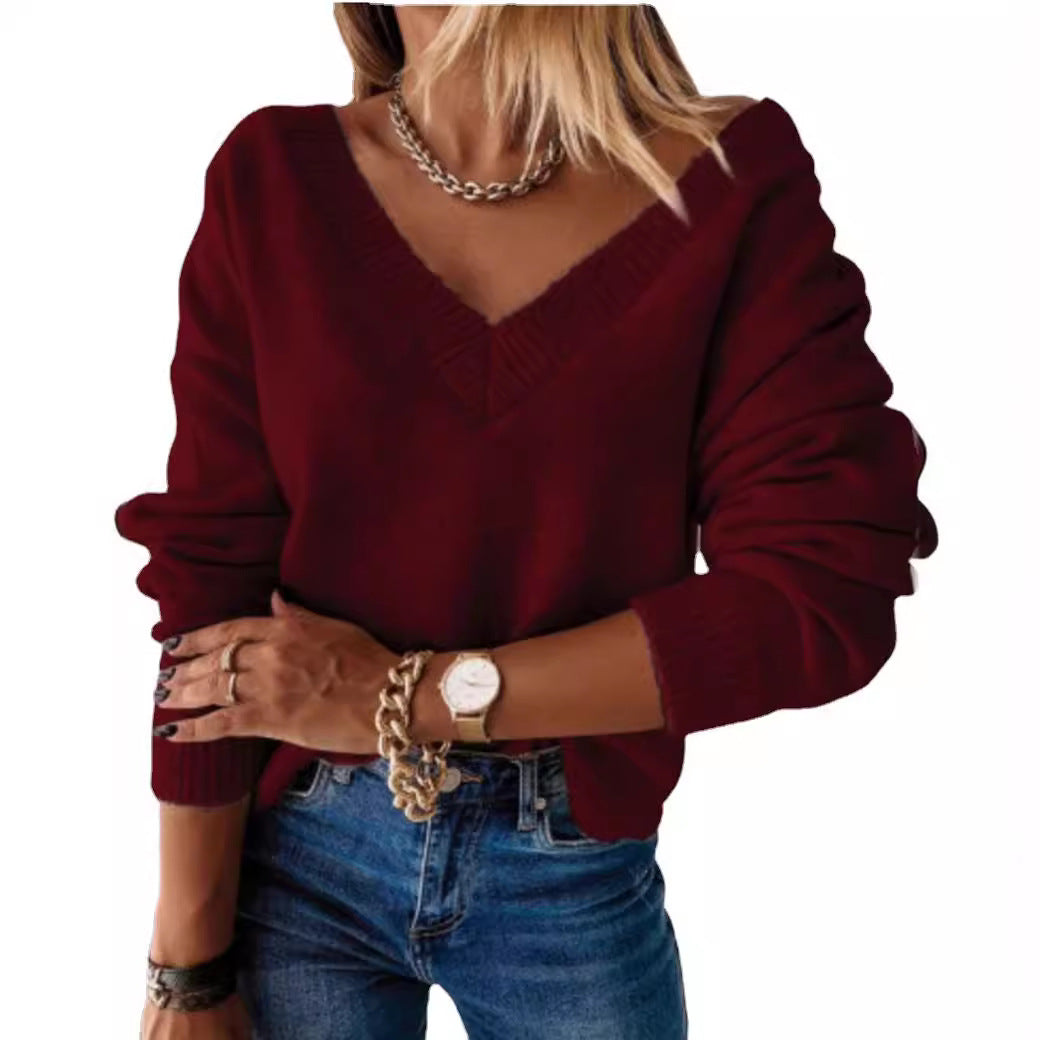 Women's Knit V-Neck Fall Winter Oversized Long Sleeve Clothing Top Outfit Weekend