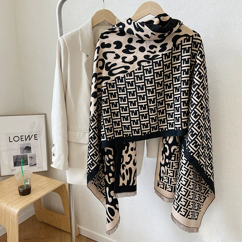 Women's Fall Winter Longline Leopard Knit Shawl for Office and Travel Evening Gift Holiday Gift