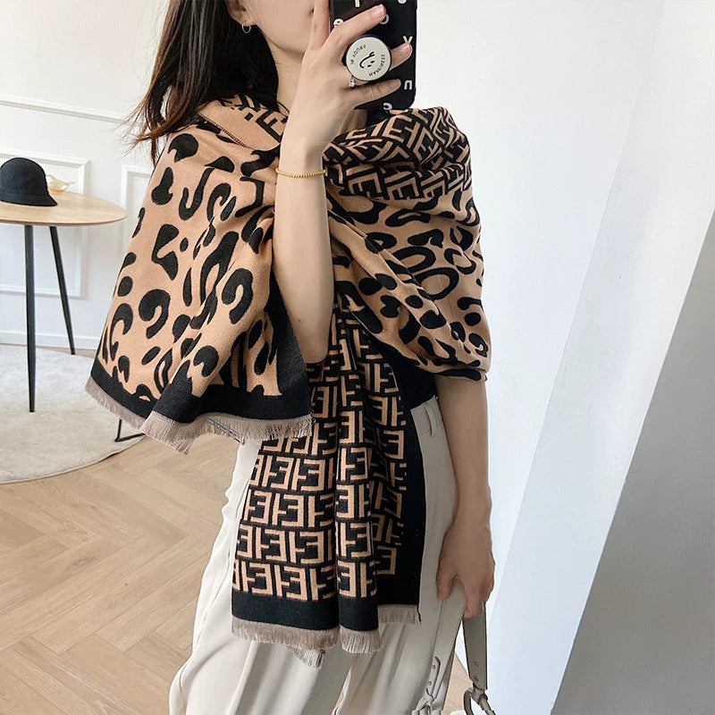 Women's Fall Winter Longline Leopard Knit Shawl for Office and Travel Evening Gift Holiday Gift