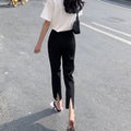 Women's Straight Black Slit High-Waist Petite Casual Wide-Leg Pants for Office Outfits Business Work Travel Comfort Weekend