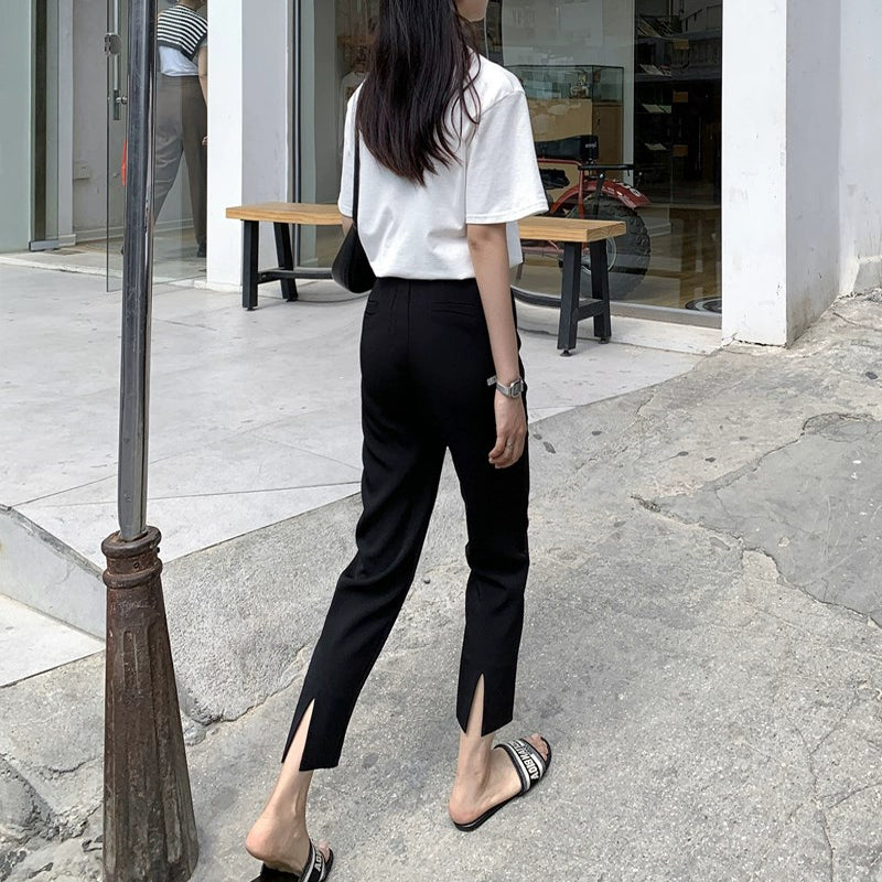 Women's Straight Black Slit High-Waist Petite Casual Wide-Leg Pants for Office Outfits Business Work Travel Comfort Weekend