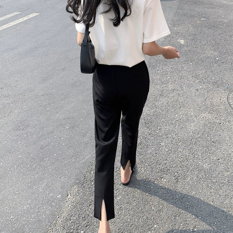 Women's Straight Black Slit High-Waist Petite Casual Wide-Leg Pants for Office Outfits Business Work Travel Comfort Weekend