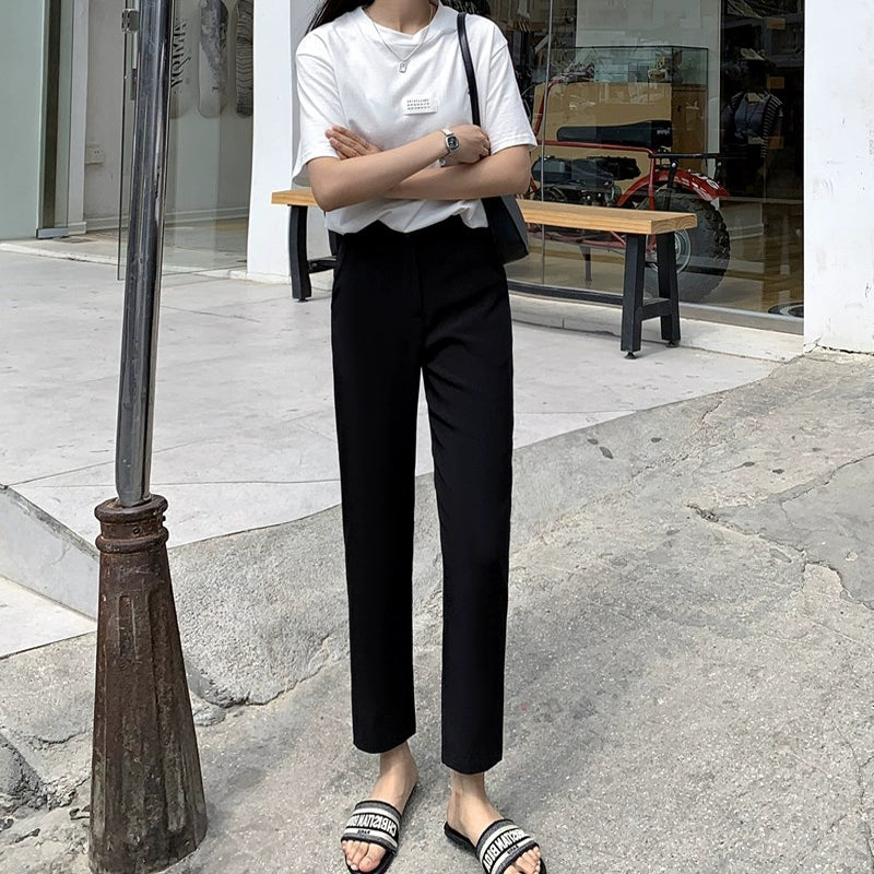 Women's Straight Black Slit High-Waist Petite Casual Wide-Leg Pants for Office Outfits Business Work Travel Comfort Weekend