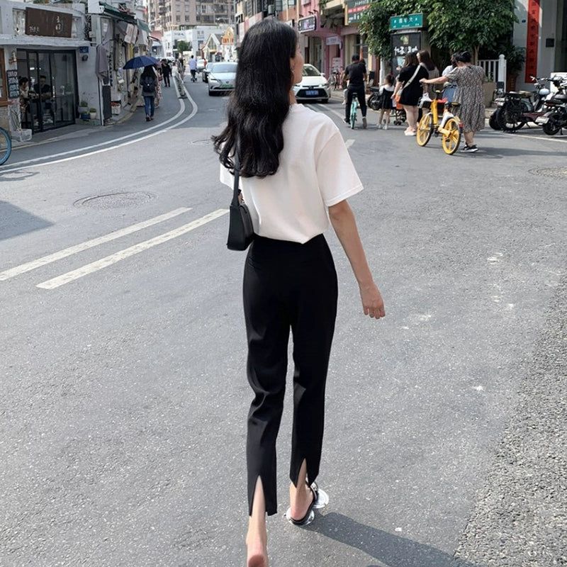 Women's Straight Black Slit High-Waist Petite Casual Wide-Leg Pants for Office Outfits Business Work Travel Comfort Weekend