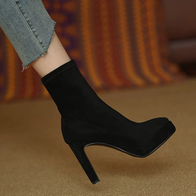 Women's Frosted Fall Winter Platform Suede Fleece-Lined Block Heel High Heel Slim Ankle Boots for Office and Weekend Streetwear Everyday Wear