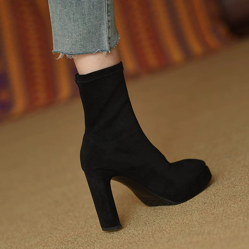 Women's Frosted Fall Winter Platform Suede Fleece-Lined Block Heel High Heel Slim Ankle Boots for Office and Weekend Streetwear Everyday Wear