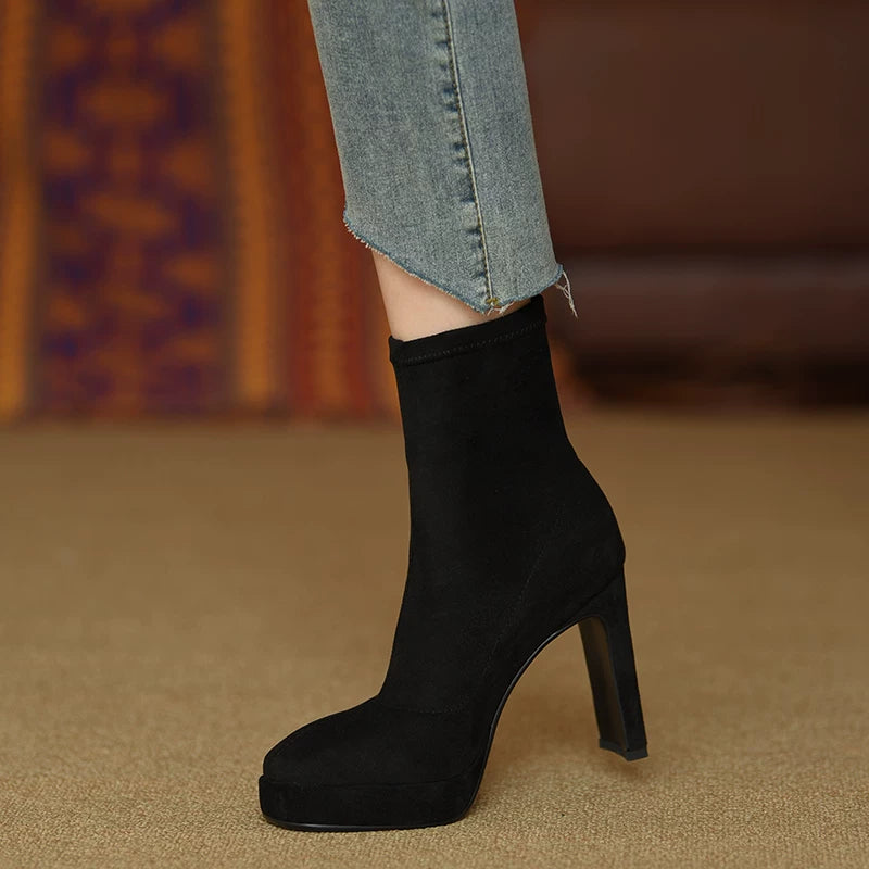 Women's Frosted Fall Winter Platform Suede Fleece-Lined Block Heel High Heel Slim Ankle Boots for Office and Weekend Streetwear Everyday Wear
