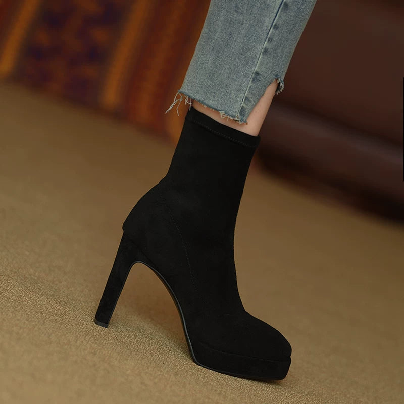 Women's Frosted Fall Winter Platform Suede Fleece-Lined Block Heel High Heel Slim Ankle Boots for Office and Weekend Streetwear Everyday Wear