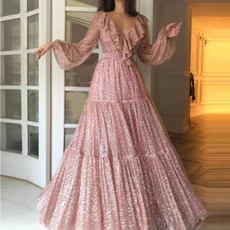 Women's V-Neck Spring Summer Flare Maxi Long Sleeve Evening Dress Formal Midi Dress for Black Tie Wedding Guest Cocktail Party Prom Date Night
