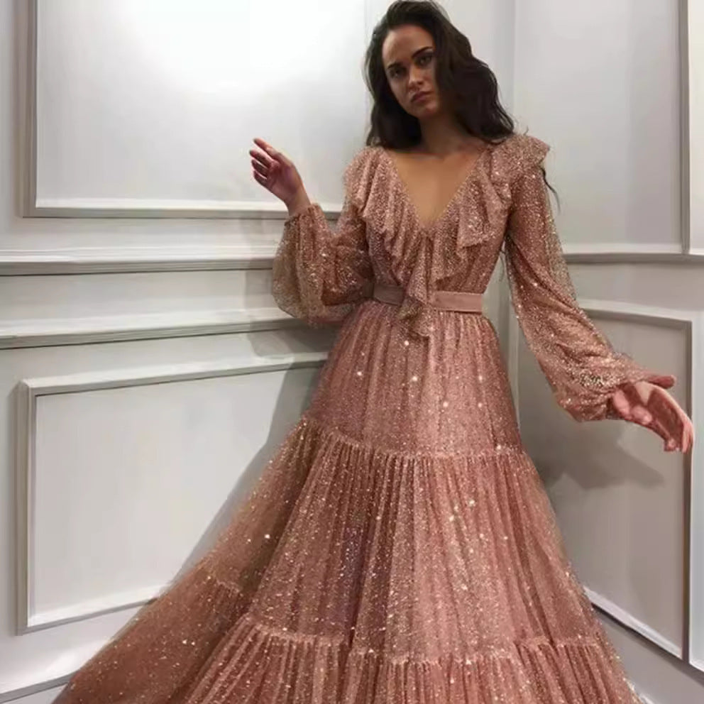 Women's V-Neck Spring Summer Flare Maxi Long Sleeve Evening Dress Formal Midi Dress for Black Tie Wedding Guest Cocktail Party Prom Date Night