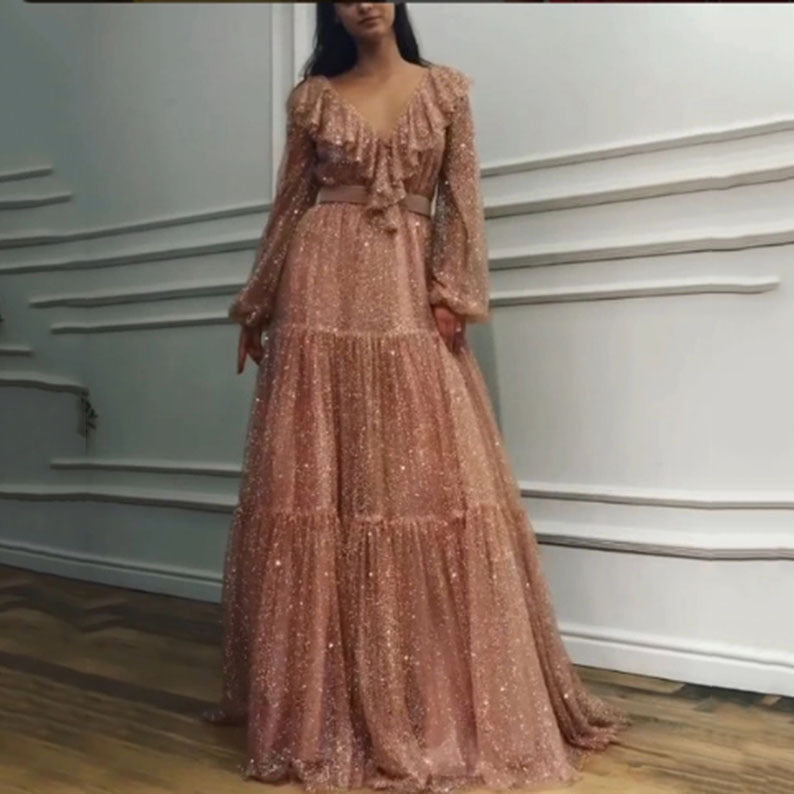 Women's V-Neck Spring Summer Flare Maxi Long Sleeve Evening Dress Formal Midi Dress for Black Tie Wedding Guest Cocktail Party Prom Date Night
