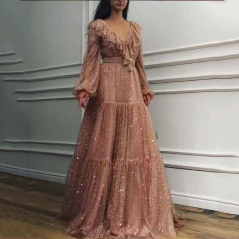 Women's V-Neck Spring Summer Flare Maxi Long Sleeve Evening Dress Formal Midi Dress for Black Tie Wedding Guest Cocktail Party Prom Date Night