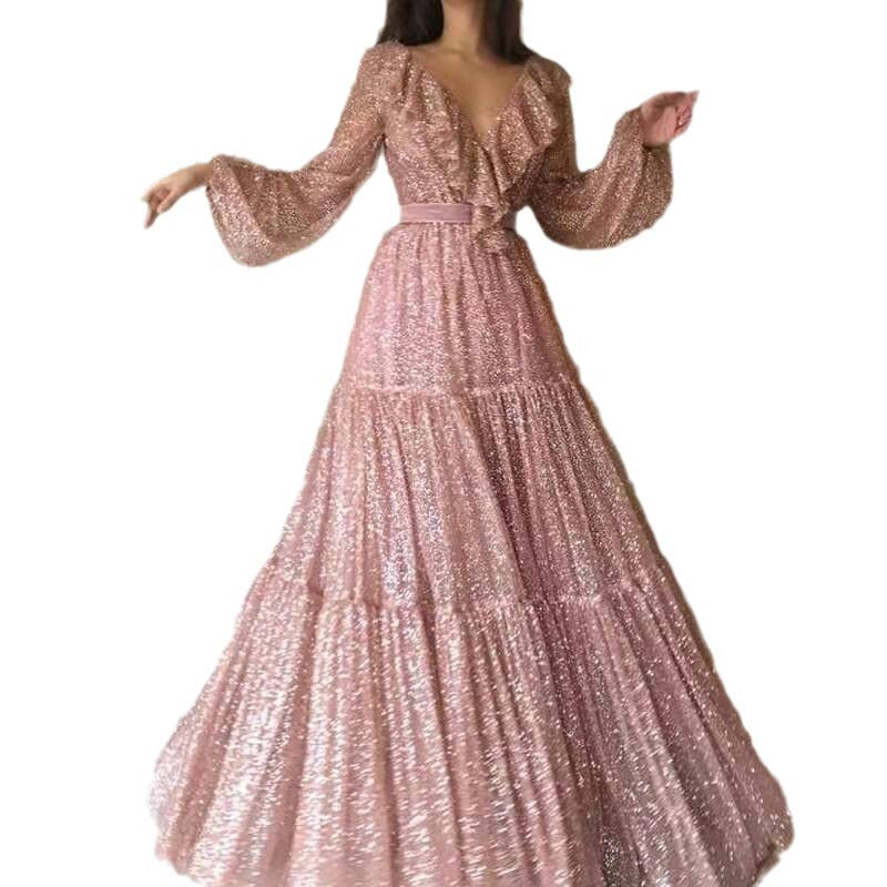 Women's V-Neck Spring Summer Flare Maxi Long Sleeve Evening Dress Formal Midi Dress for Black Tie Wedding Guest Cocktail Party Prom Date Night