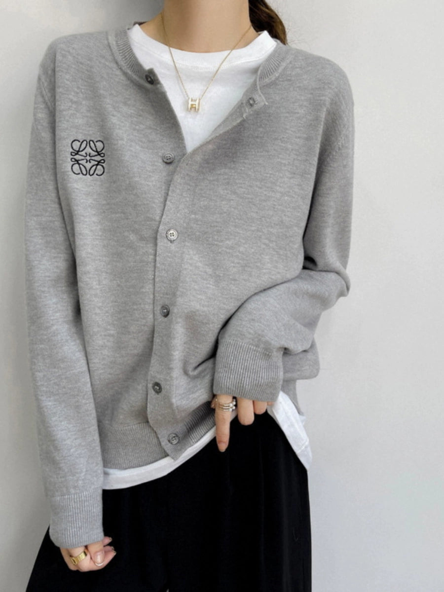 Women's Fall Winter Grey Embroidered Oversized Knit Cardigan Open-Front Sweater for Office Outfits Work and Weekend Spring Everyday Date Night