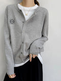 Women's Fall Winter Grey Embroidered Oversized Knit Cardigan Open-Front Sweater for Office Outfits Work and Weekend Spring Everyday Date Night