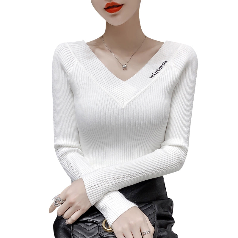 Women's V-Neck Fall Winter Relaxed Sweater Knit Pullover Top for Casual Outfits Spring Travel Office Everyday Date Night