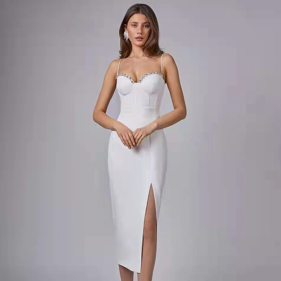 Women's Slit Crystal Party Evening Dress Formal Midi Dress for Black Tie Wedding Guest Cocktail Prom Date Night