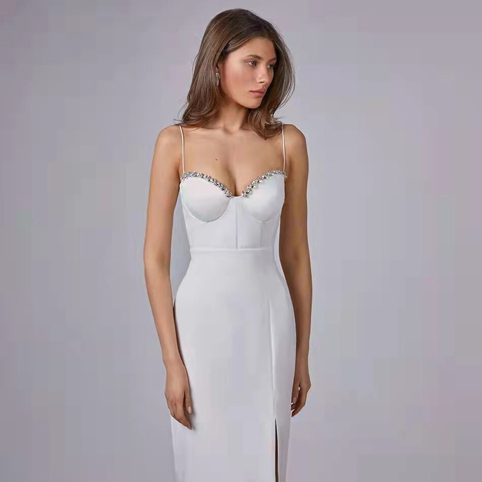 Women's Slit Crystal Party Evening Dress Formal Midi Dress for Black Tie Wedding Guest Cocktail Prom Date Night