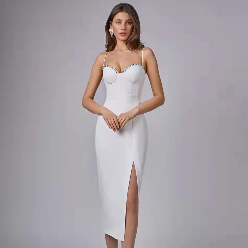 Women's Slit Crystal Party Evening Dress Formal Midi Dress for Black Tie Wedding Guest Cocktail Prom Date Night