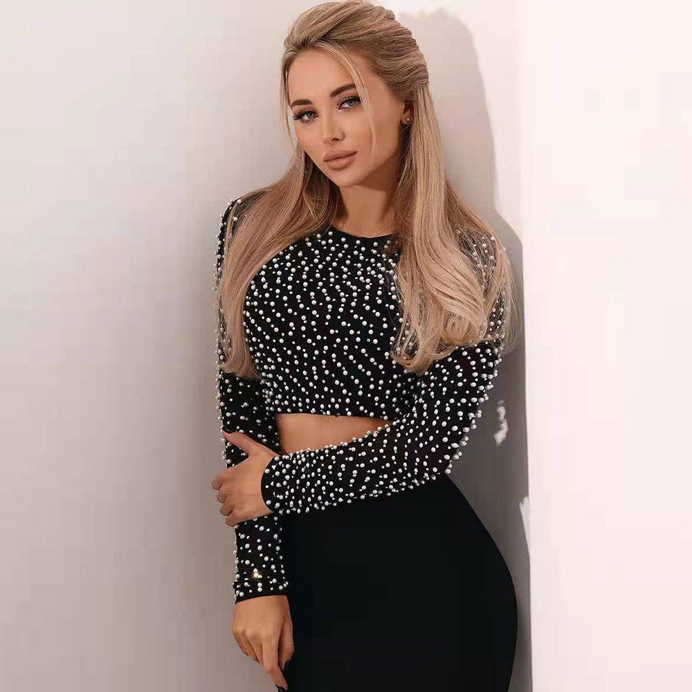 Women's Slim-Fit Breathable Mesh Long Sleeve Cropped Top Fashion Blouse Shirt for Office Outfits Business Casual Streetwear Weekend Everyday