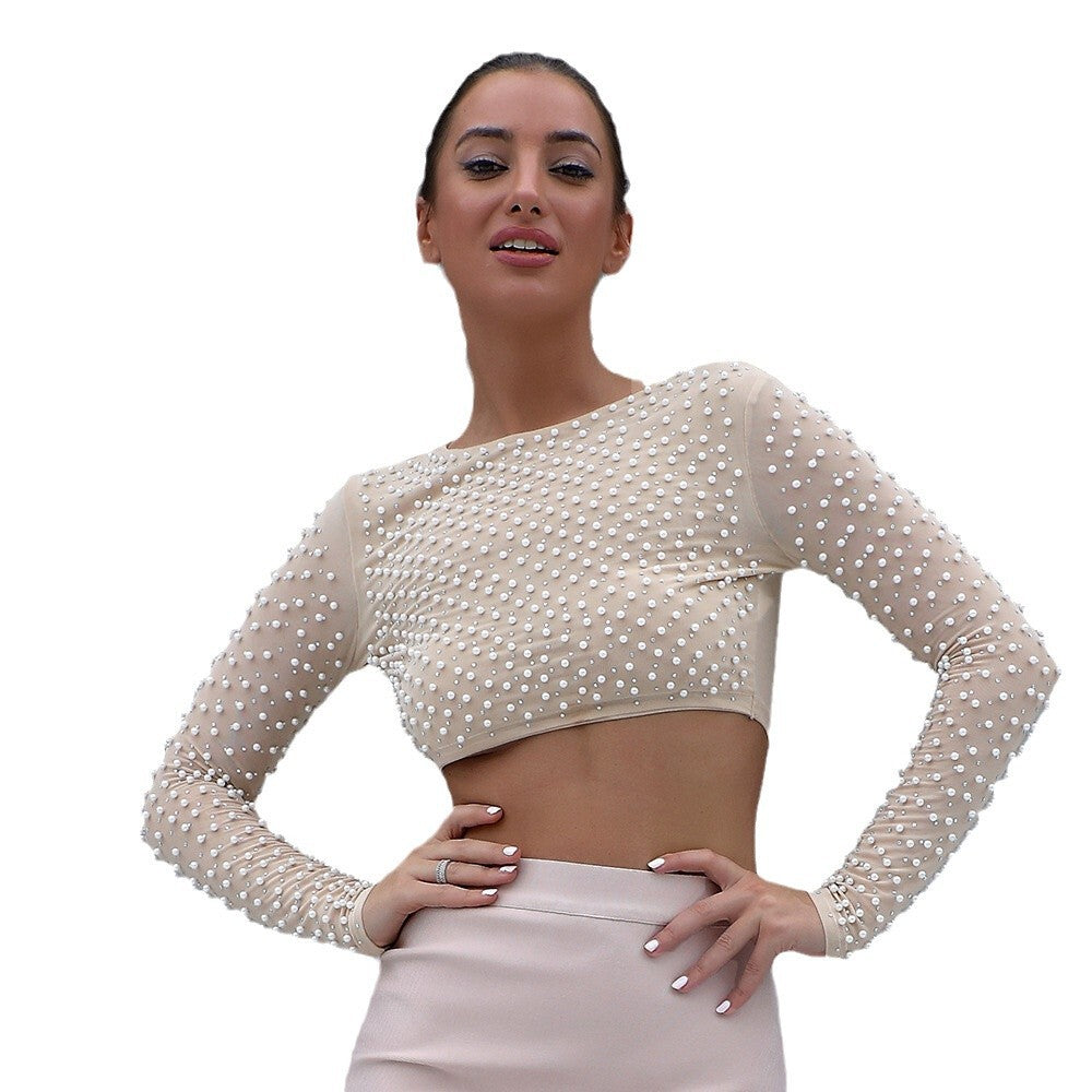 Women's Slim-Fit Breathable Mesh Long Sleeve Cropped Top Fashion Blouse Shirt for Office Outfits Business Casual Streetwear Weekend Everyday