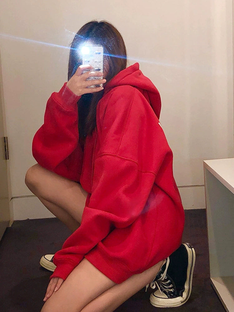 Women's Fall Winter Longline Thickened Fleece-Lined Plus Size Oversized Midi Hoodie Sweatshirt for Casual Streetwear Travel and Weekend