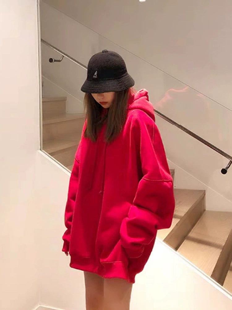 Women's Fall Winter Longline Thickened Fleece-Lined Plus Size Oversized Midi Hoodie Sweatshirt for Casual Streetwear Travel and Weekend