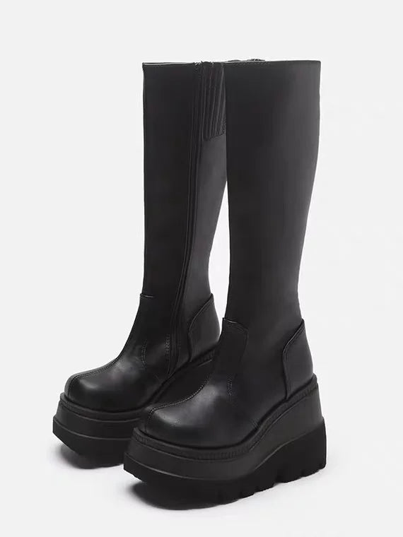 Women's Chunky Sole High Heel Slim-fit Tall Riding Boots for Fall Outfits Streetwear Winter Slimming Office and Weekend Everyday Wear