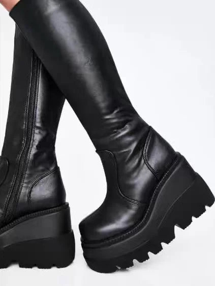 Women's Chunky Sole High Heel Slim-fit Tall Riding Boots for Fall Outfits Streetwear Winter Slimming Office and Weekend Everyday Wear